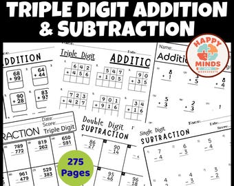 Single Double and Triple Digit Addition and Subtraction Practice Worksheets - Printable PDF File Math Drills Answers Key Included
