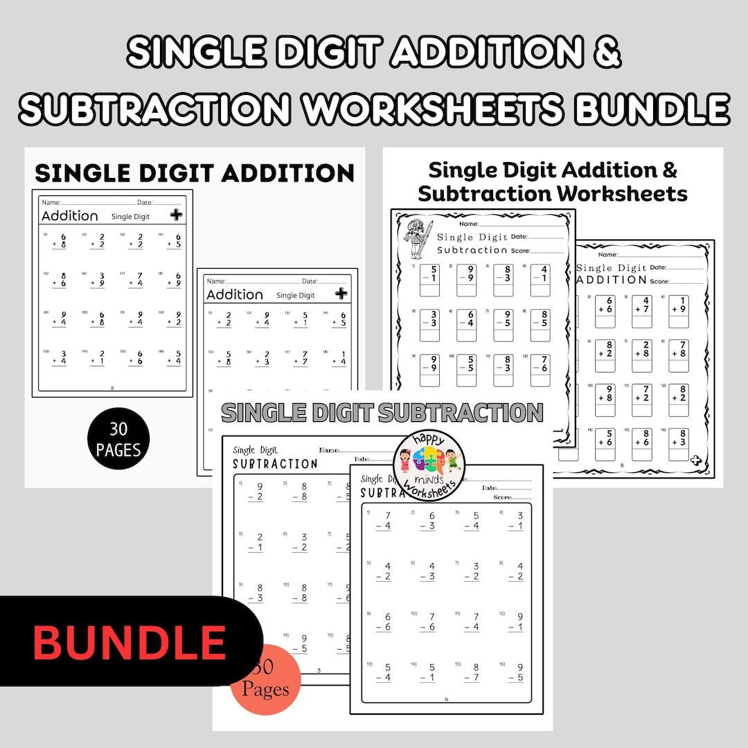 Single Digit Addition and Subtraction Worksheets Bundle - Printable ...