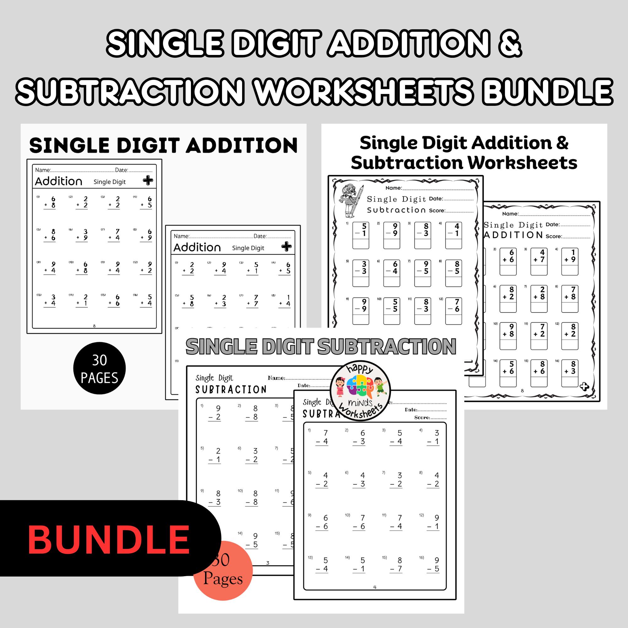 Single Digit Addition and Subtraction Worksheets Bundle - Printable ...
