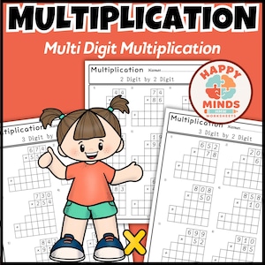 May include: A set of multiplication worksheets featuring multi-digit math problems. The pages include 2-digit by 2-digit and 3-digit by 2-digit equations with grid boxes for calculations. A cartoon character with brown hair and an orange shirt is centered.