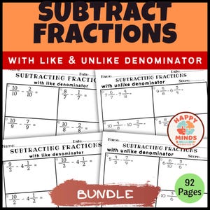 Può includere: Un pacchetto educativo di 92 pagine di schede di matematica intitolato Subtract Fractions with Like & Unlike Denominator. Le pagine presentano testo nero su carta bianca con vari problemi di sottrazione di frazioni.
