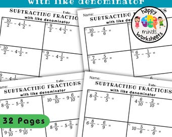 Subtracting Fractions With Like Denominators Practice Worksheets - Printable PDF File Math Drills