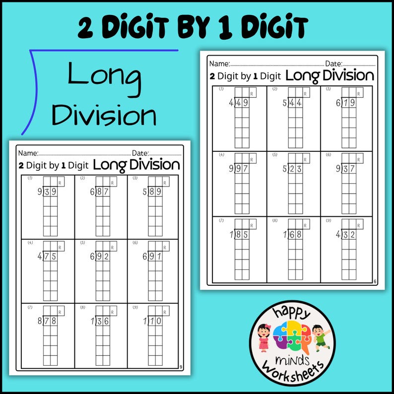 2 Digit by 1 Digit Long Division Practice Worksheets With and Without ...