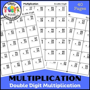 Può includere: Un set di 40 pagine di fogli di lavoro sulla moltiplicazione a due cifre. I fogli di lavoro presentano problemi di matematica con numeri a due cifre in un formato a griglia. La copertina include il testo "Multiplication" e "Double Digit Multiplication."