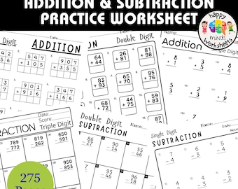 Single Double and Triple Digit Addition and Subtraction Practice Worksheets - Printable PDF File Math Drills Answers Key Included