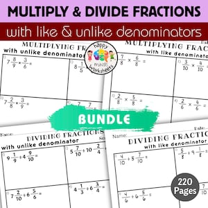 Op de afbeelding: Een bundel werkbladen voor het vermenigvuldigen en delen van breuken, met problemen met gelijke en ongelijke noemers. De werkbladen bevatten de tekst "Multiply & Divide Fractions" en "Bundle". De werkbladen zijn bedoeld voor educatieve doeleinden.