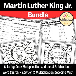 以下が含まれることがあります： マーティン・ルーサー・キング・ジュニアをテーマにした教育用ワークシートのバンドル。カラーコードによる掛け算、足し算、引き算、単語検索、数学のデコードアクティビティが含まれています。ワークシートは、テキストとイラストが白黒で表示されています。