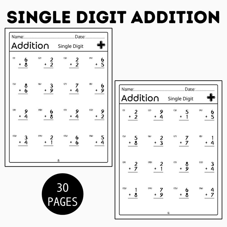 Single Digit Addition Worksheets - Etsy