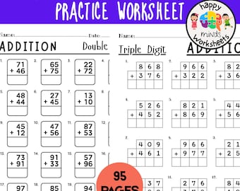 Double and Triple Digit Addition with & without Regrouping Practice Worksheets - Printable PDF File Math Drills Answers Key Included