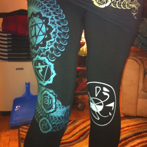 SALE- Custom Chakra Golden Ratio Leggings - Sacred Geometry Eco-Fashion, Boho Tights - Black, Blue-Green Screen Printed Pants