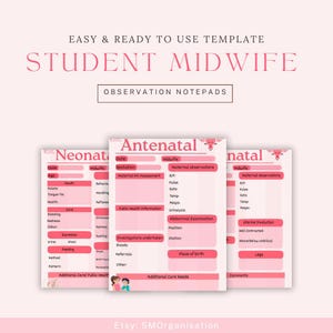 Puede incluir: Blocs de notas de observación rosas y blancos para estudiantes de matrona. Los blocs de notas incluyen secciones para registrar datos de pacientes, incluidas observaciones maternas y evaluaciones neonatales. El texto "EASY & READY TO USE TEMPLATE STUDENT MIDWIFE OBSERVATION NOTEPADS" está en la parte superior.