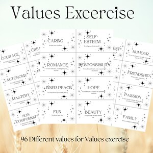 May include: A collection of white cards with black text, featuring words like "Courage," "Romance," and "Friendship." The cards are arranged in a grid, with the title "Values Excercise" at the top and "96 Different values for Values exercise" at the bottom.