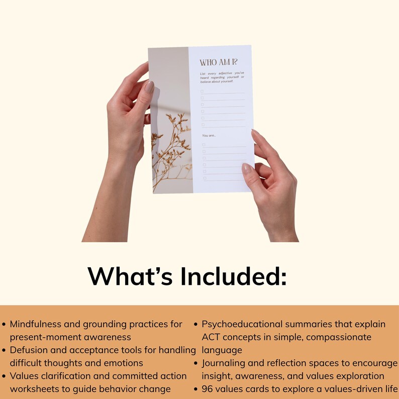 May include: A white and beige journal page with the text "WHO AM I?" and a list of prompts. The page is held by hands against a neutral background. The journal page has a floral design on the left side.
