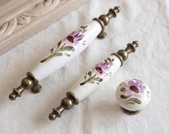 Hand Painted Floral Porcelain Cabinet Pull | Vintage Drawer Handle | Custom Dresser Knob | Antique Brass Kitchen Hardware