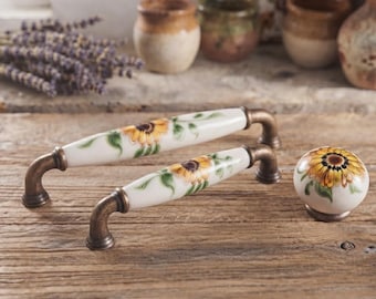 Hand-Painted Sunflower Porcelain Cabinet Pulls Rustic Farmhouse Drawer Handles Knobs Kitchen Hardware Unique Gift for Her