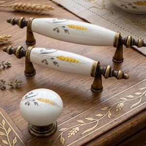 Porcelain Ceramic Wheat Knobs & Pulls Antique Brass Farmhouse Hardware Botanical Drawer Cabinet Handles Vintage Rustic Style Custom Sizes
