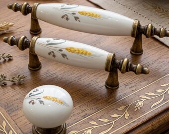 Porcelain Ceramic Wheat Knobs & Pulls Antique Brass Farmhouse Hardware Botanical Drawer Cabinet Handles Vintage Rustic Style Custom Sizes