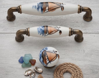 Ceramic Sailboat Cabinet Pulls, Nautical Drawer Knobs, Coastal Kitchen Hardware, Decorative Furniture Handles, Unique Dresser Pulls