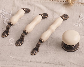 Vintage Porcelain Cabinet Pulls, Brushed Bronze Dresser Handles, Retro Furniture Hardware, Unique Kitchen Drawer Pulls, Boho Home Decor