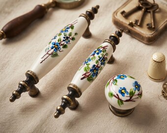 Porcelain Dresser Knob, Vintage Kitchen Cabinet Pull, Floral Furniture Hardware, Shabby Chic Drawer Pull, Decorative Wardrobe Handle
