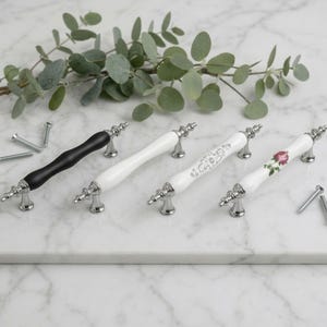 Vintage Porcelain Cabinet Pulls, Floral Drawer Knobs, Antique Ceramic Furniture Handles, Matte Black White Hardware 64 96 128mm Home Decor