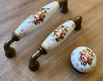 Hand Painted Floral Porcelain Cabinet Pulls, Vintage Drawer Knobs, Antique Brass Dresser Handles, Custom Furniture Hardware
