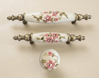 Hand Painted Floral Ceramic Knobs | Vintage Porcelain Cabinet Pulls | Custom Kitchen Drawer Handles | Furniture Hardware