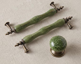 Vintage Green Antique Gold Edges Ceramic Drawer Handle Antique Cabinet, Dresser, Kitchen, Bathroom Furniture Knob