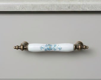 Porcelain Floral Cabinet Handle, Rustic Ceramic Drawer Pull, Vintage Dresser Knob, Brass Hardware 64 96 128mm