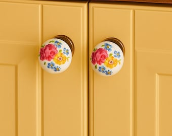 Vintage Style Rose Porcelain Drawer Knob, Ceramic Cabinet Pull Handle