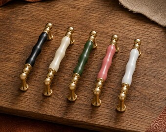 Brass Ceramic Cabinet Handles Set, Gold Drawer Pulls, Farmhouse Kitchen Hardware, Cottagecore Furniture Knobs, Luxury Home Decor