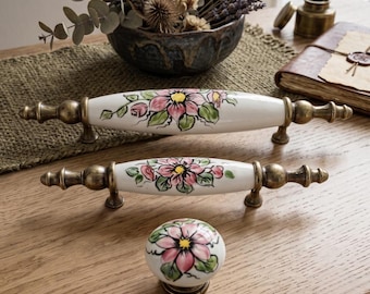 Hand Painted Floral Porcelain Knobs, Vintage Cabinet Pulls, Custom Drawer Handles, Decorative Dresser Hardware