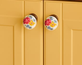 Gałka do szuflady w stylu vintage z porcelany, nowoczesny uchwyt do szafki w antycznym stylu kwiatowym, uchwyt do komody z ceramiki w kolorze żółto-czerwonej róży