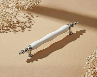White Ceramic Cabinet Pull with Chrome Trim, Vintage Kitchen Drawer Handle, Elegant Dresser Hardware, Farmhouse Decor, 64mm 96mm 128mm CC