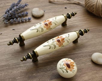 Ceramiczne uchwyty do szuflad w stylu vintage z motywem kwiatowym, porcelanowe uchwyty do szafek, rustykalne gałki do szafek kuchennych, antyczne okucia meblowe