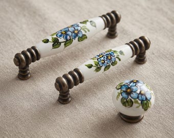 Rustic Hand Painted Blue Floral Porcelain Cabinet Pulls | Ceramic Drawer Knobs | Vintage Hardware for Kitchen Bathroom Dresser