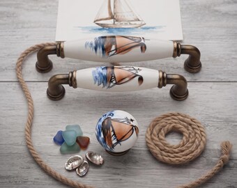 Ceramic Sailboat Cabinet Pulls, Nautical Drawer Knobs, Coastal Kitchen Hardware, Decorative Furniture Handles, Unique Dresser Pulls
