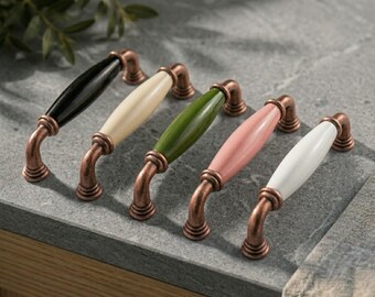 Antique Copper Ceramic Drawer Pulls, Vintage Porcelain Cabinet Knobs 128mm, Rustic Kitchen Door Handles, Shabby Chic Dresser Hardware