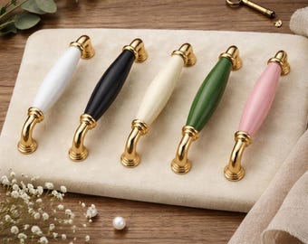 Colorful Porcelain Cabinet Handles with Gold Accents – Modern Drawer Pulls (96-160mm)
