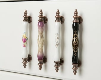 64mm-96mm-128mm Ceramic Cabinet Pulls, Vintage Drawer Handles, Antique Brass Furniture Hardware, Floral Shabby Chic Porcelain Dresser Pulls
