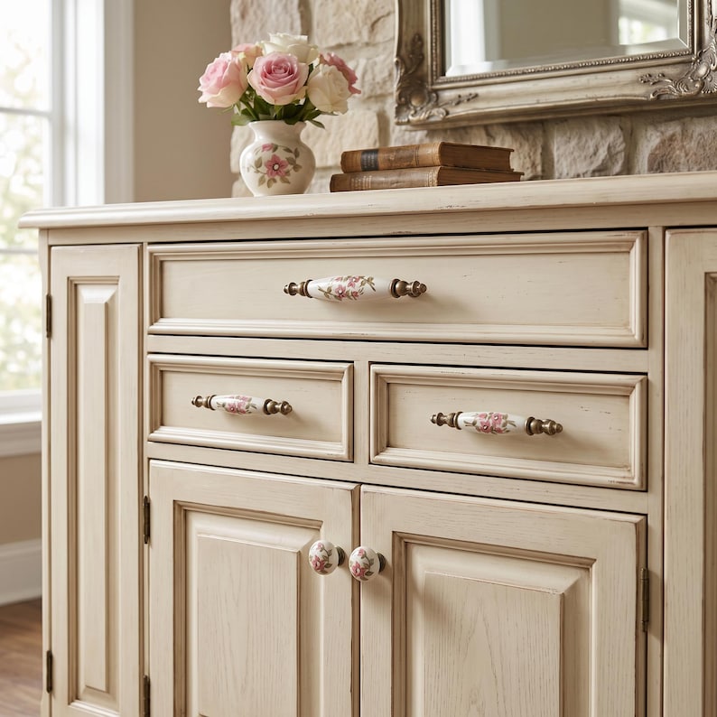 May include: A cream-coloured wooden sideboard featuring a distressed finish, three drawers, and two cabinet doors. The hardware consists of white ceramic handles and knobs decorated with pink floral patterns and antique brass-toned metal accents.
