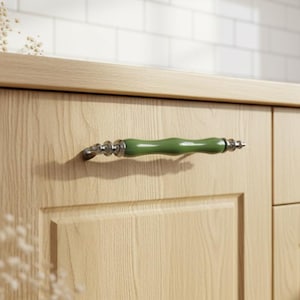 May include: A wooden cabinet door featuring a green and silver handle. The handle is a curved, cylindrical shape with a glossy green centre and silver accents. The cabinet door has a recessed panel design.