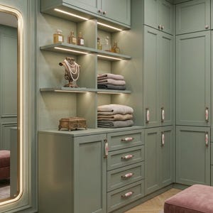 May include: A sage green built-in wardrobe system featuring open shelving with integrated LED lighting, drawers with floral ceramic pulls, and a tall mirror. The shelves hold glass perfume bottles, a jewellery display bust with a necklace, and folded textiles.