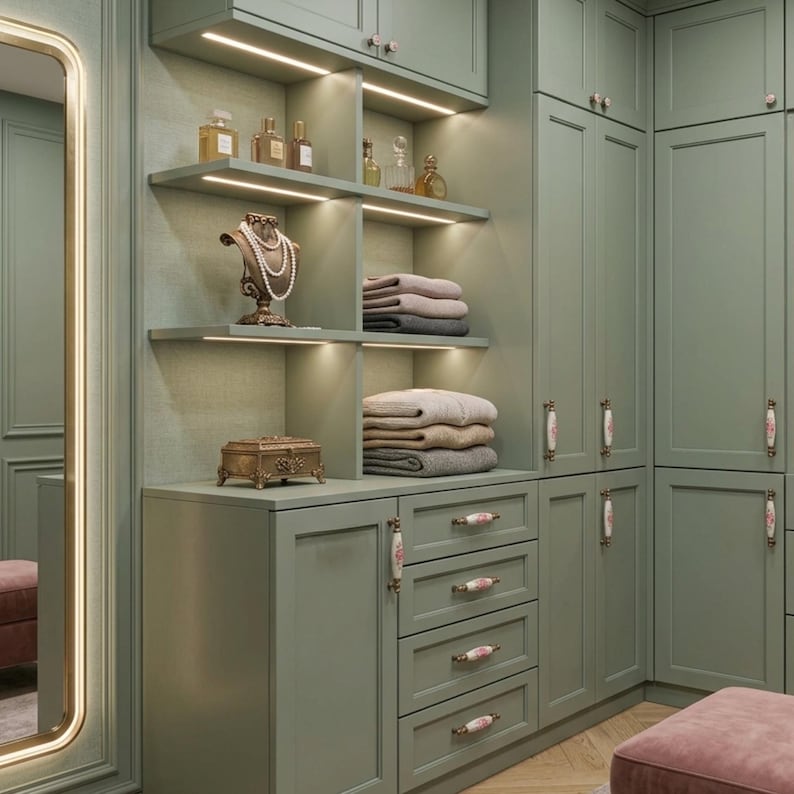 May include: A sage green built-in wardrobe system featuring open shelving with integrated LED lighting, drawers with floral ceramic pulls, and a tall mirror. The shelves hold glass perfume bottles, a jewellery display bust with a necklace, and folded textiles.