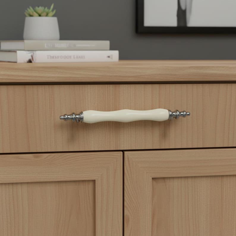 May include: A cream-coloured cabinet handle with silver-coloured detailing, mounted on a light wood cabinet. The handle is a curved shape. The cabinet is made of light-coloured wood with a visible grain.