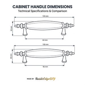May include: A technical diagram showing two cabinet handles with dimensions. The top handle is 120 mm long with 64 mm hole spacing. The bottom handle is 150 mm long with 96 mm hole spacing. Both are 35 mm high. Text reads CABINET HANDLE DIMENSIONS.
