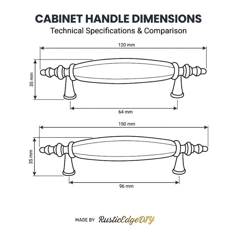May include: A technical diagram showing two cabinet handles with dimensions. The top handle is 120 mm long with 64 mm hole spacing. The bottom handle is 150 mm long with 96 mm hole spacing. Both are 35 mm high. Text reads CABINET HANDLE DIMENSIONS.