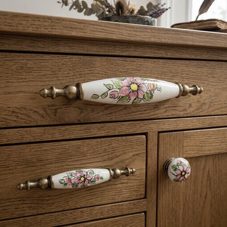 May include: A set of ceramic furniture hardware featuring two elongated oval drawer pulls and one round knob. Each piece is white with a hand-painted pink flower, green leaves, and antique brass-toned metal ends mounted on a wooden cabinet.
