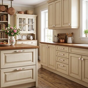 May include: A kitchen featuring cream-coloured cabinets with floral patterned ceramic knobs, a wooden countertop, and a white ceramic pitcher filled with pink flowers. The space includes a hutch with glass doors, copper cookware, and wooden flooring.