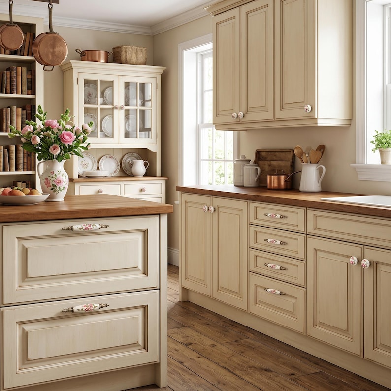 May include: A kitchen featuring cream-coloured cabinets with floral patterned ceramic knobs, a wooden countertop, and a white ceramic pitcher filled with pink flowers. The space includes a hutch with glass doors, copper cookware, and wooden flooring.